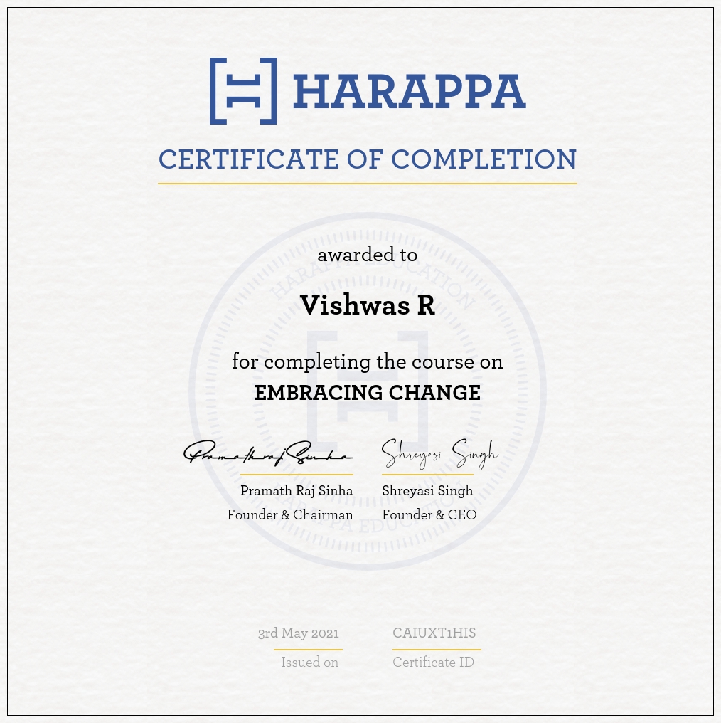 Vishwas R certificate